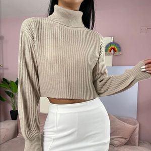 Beige Cropped Turtleneck Sweater